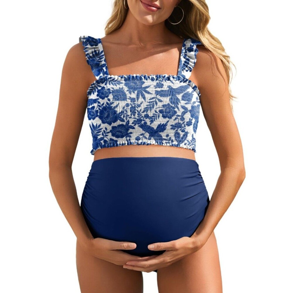 Summer Mae Maternity High Waist Bikini Swimsuit Two Piece Ruffled Hem White XXL